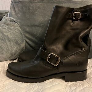 Frye Black Leather Buckle Ankle Booties